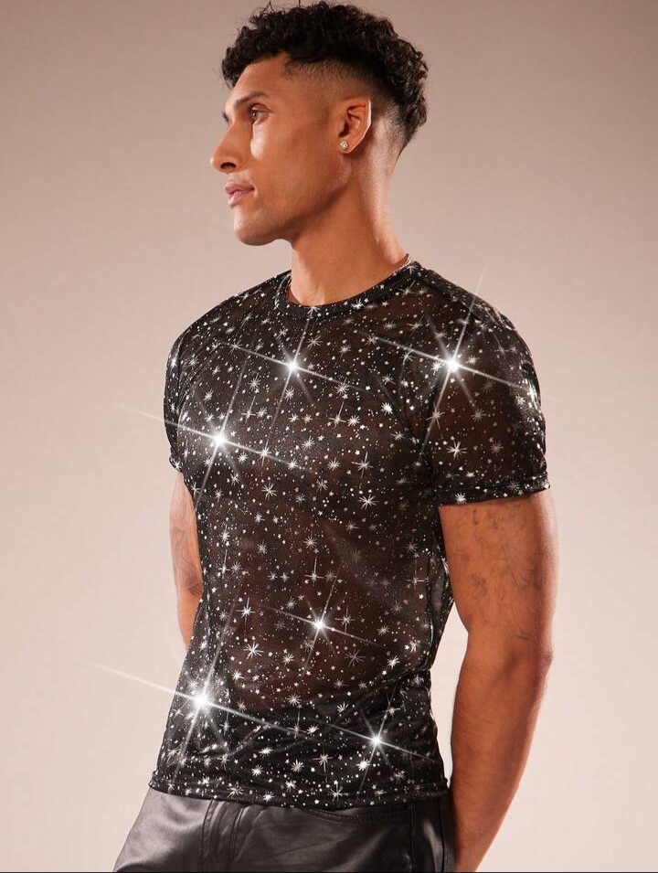 Men's Mesh Sheer Glitter Round Neck T-Shirt